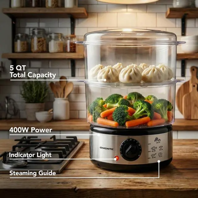 Alt view image 9 of 14 - 2-Tier Electric Food Steamer, 5 Quart Stainless Steel Stackable Steam Cooker with 400W Power, 60-Minute Timer & Auto Shut-Off, Dishwasher Safe, Healthy Vegetable & Seafood Steamer, Silver FS62S