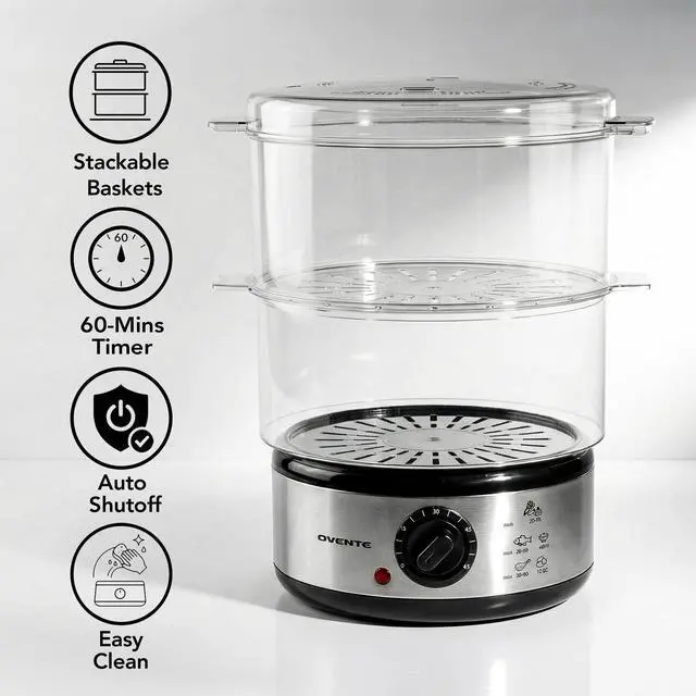 Alt view image 11 of 14 - 2-Tier Electric Food Steamer, 5 Quart Stainless Steel Stackable Steam Cooker with 400W Power, 60-Minute Timer & Auto Shut-Off, Dishwasher Safe, Healthy Vegetable & Seafood Steamer, Silver FS62S