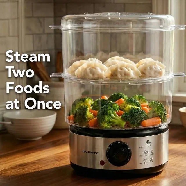 Alt view image 12 of 14 - 2-Tier Electric Food Steamer, 5 Quart Stainless Steel Stackable Steam Cooker with 400W Power, 60-Minute Timer & Auto Shut-Off, Dishwasher Safe, Healthy Vegetable & Seafood Steamer, Silver FS62S