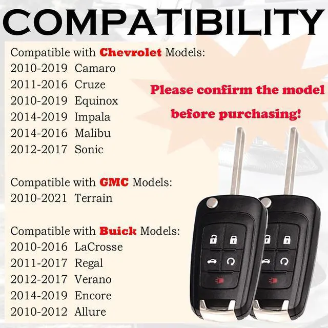 Alt view image 9 of 14 - Key Fob Replacement Fits for Chevy Cruze Equinox Camaro Impala Malibu Sonic Buick Regal Verano Encore Lacrosse GMC Terrain 2010-2021 OHT01060512 Keyless Entry Remote Control 13504199