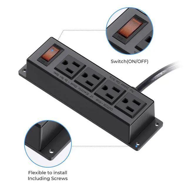 Alt view image 10 of 10 - Wall Mount Power Outlet Strip, 4 Outlet Mountable Power Strip with Switch, 3ft Cord Under Desk Power Strip for Office/Industrial/Home, Flat Plug, Black