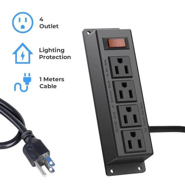 Alt view image 9 of 10 - Wall Mount Power Outlet Strip, 4 Outlet Mountable Power Strip with Switch, 3ft Cord Under Desk Power Strip for Office/Industrial/Home, Flat Plug, Black