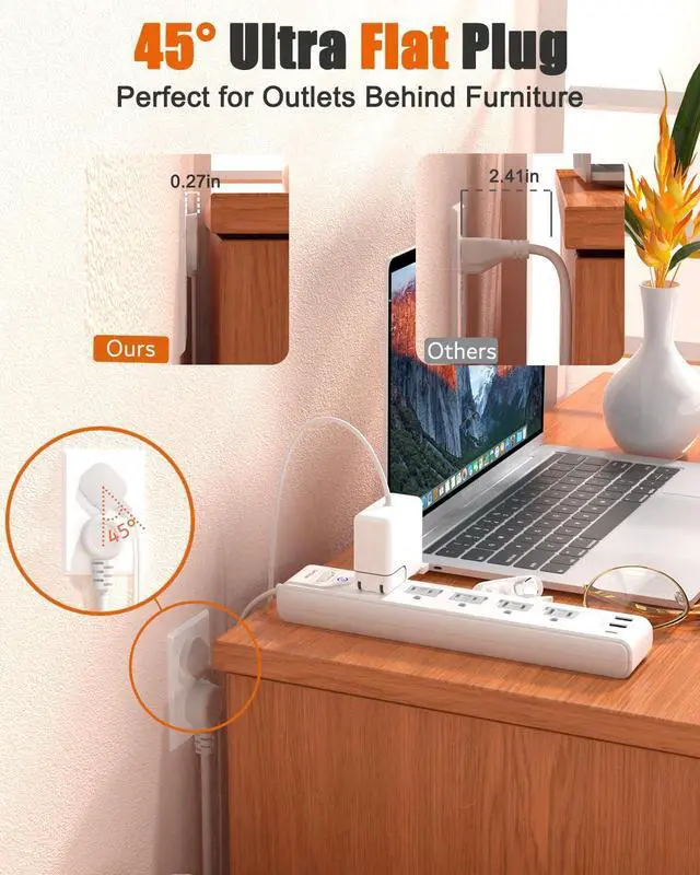 Alt view image 10 of 14 - 2 Prong Power Strip, 2 Prong to 3 Prong Outlet Adapter, 5ft Extension Cord with Polarized Plug, 1680J Surge Protector, 5 AC Outlets & 3 USB, Wall Mountable, Ideal for Non-Grounded Outlets