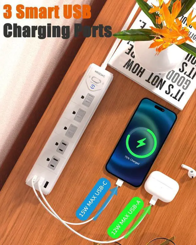 Alt view image 14 of 14 - 2 Prong Power Strip, 2 Prong to 3 Prong Outlet Adapter, 5ft Extension Cord with Polarized Plug, 1680J Surge Protector, 5 AC Outlets & 3 USB, Wall Mountable, Ideal for Non-Grounded Outlets