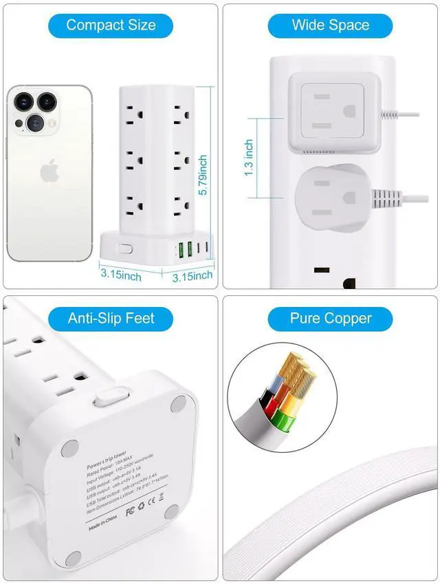 Alt view image 13 of 14 - Power Strip Tower with Multiple Outlets, Flat Plug Surge Protector Tower Extension Cord with 12 AC Outlets 4 USB Ports (2 USB C), 6FT Cord Power Tower Surge Protector for Home Office Dorm Room, White