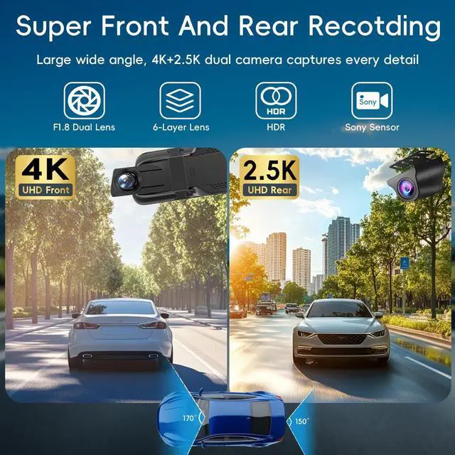 Alt view image 9 of 14 - Mirror Dual Dash Camera for Car, Dashcam 4K Front 2.5K IMX335 Rear View/ADAS BSD LCA Wi-Fi&APP WDR Night Vision G-Sensor Loop Recording Parking Monitor 64GB Card