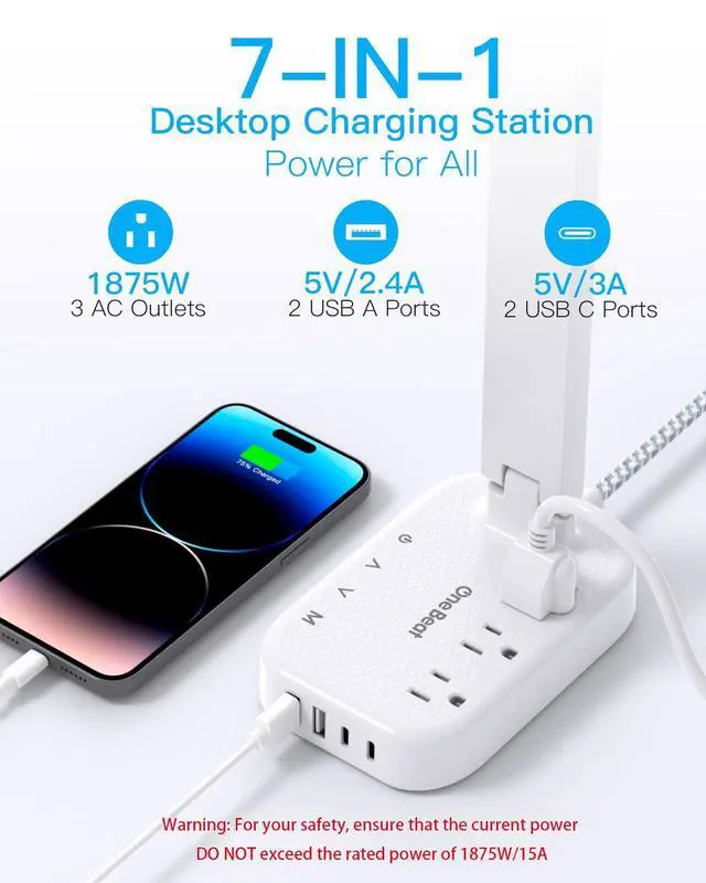 Alt view image 9 of 14 - LED Small Desk Lamp Power Strip 5ft Extension Cord, 3 Outlets, 4 USB Ports(2 USB C), 4 Modes, 5 Level Touch- Home, Office, Bedroom, Bedside, Study Reading Light, Dorm Room Essentials, White