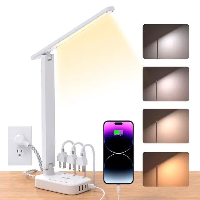 Alt view image 8 of 14 - LED Small Desk Lamp Power Strip 5ft Extension Cord, 3 Outlets, 4 USB Ports(2 USB C), 4 Modes, 5 Level Touch- Home, Office, Bedroom, Bedside, Study Reading Light, Dorm Room Essentials, White