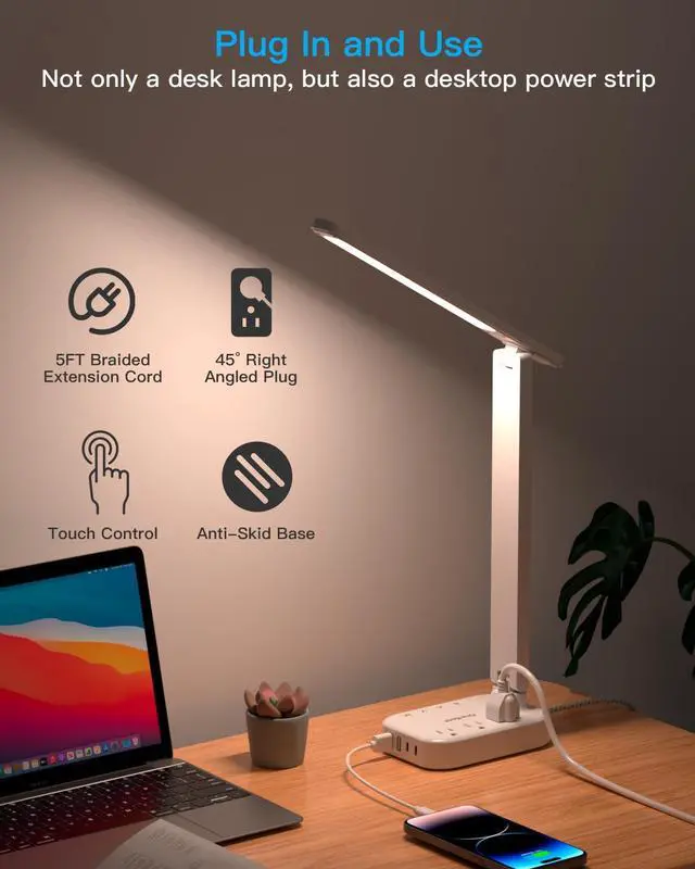 Alt view image 11 of 14 - LED Small Desk Lamp Power Strip 5ft Extension Cord, 3 Outlets, 4 USB Ports(2 USB C), 4 Modes, 5 Level Touch- Home, Office, Bedroom, Bedside, Study Reading Light, Dorm Room Essentials, White