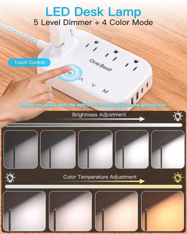Alt view image 10 of 14 - LED Small Desk Lamp Power Strip 5ft Extension Cord, 3 Outlets, 4 USB Ports(2 USB C), 4 Modes, 5 Level Touch- Home, Office, Bedroom, Bedside, Study Reading Light, Dorm Room Essentials, White