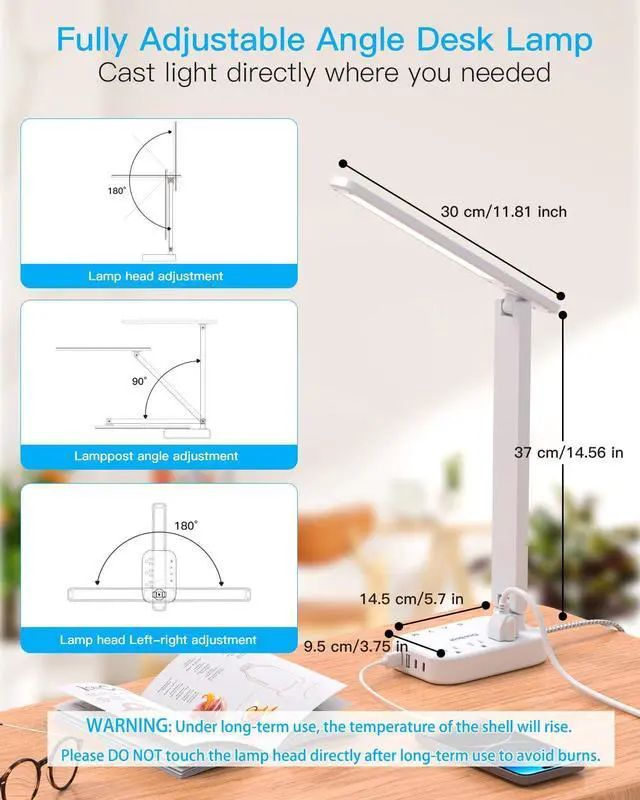 Alt view image 13 of 14 - LED Small Desk Lamp Power Strip 5ft Extension Cord, 3 Outlets, 4 USB Ports(2 USB C), 4 Modes, 5 Level Touch- Home, Office, Bedroom, Bedside, Study Reading Light, Dorm Room Essentials, White