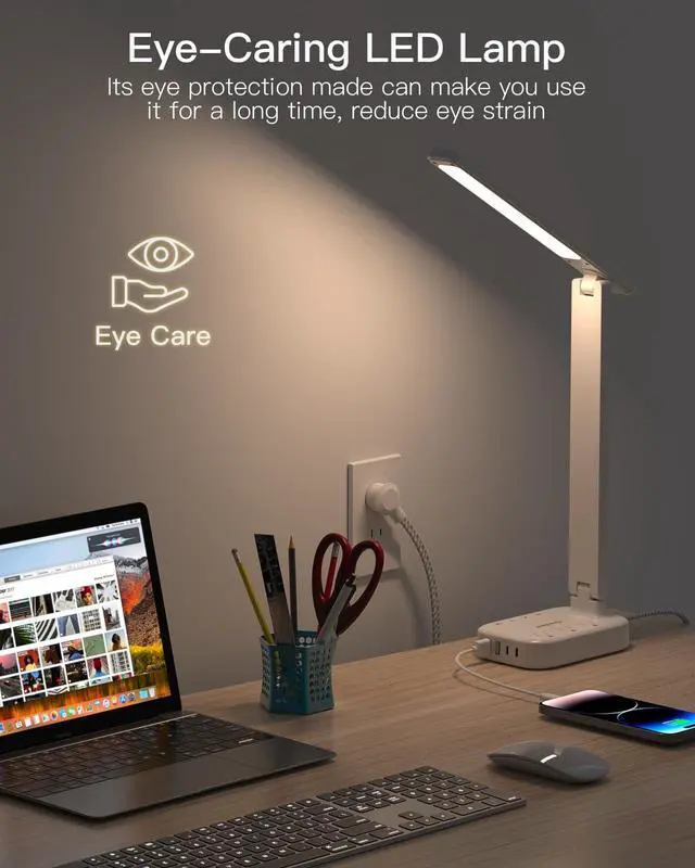 Alt view image 14 of 14 - LED Small Desk Lamp Power Strip 5ft Extension Cord, 3 Outlets, 4 USB Ports(2 USB C), 4 Modes, 5 Level Touch- Home, Office, Bedroom, Bedside, Study Reading Light, Dorm Room Essentials, White