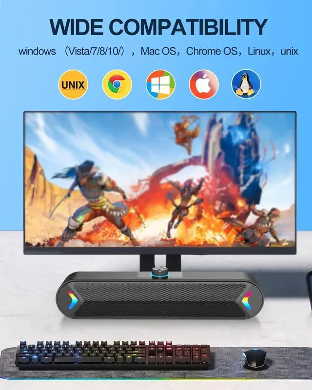 Alt view image 11 of 12 - Computer Speakers for Desktop,PC Speakers with Basic Stereo Sound & Colorful Lights, Single USB for Both Power and Audio,Desktop Laptop Sound Bar Speakers for Gaming,Movies,Music
