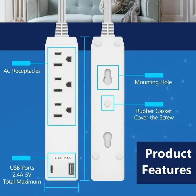 Alt view image 9 of 14 - Outlet Extender with 3 Receptacles, 12W USB Type-A, and USB Type-C, USB Port, Ultra-Thin Wall Plate Plug with Cord Extender, 3-Outlet Power Strip, Flat-Face, ETL-Listed, 3ft Cord, White