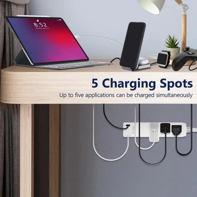 Alt view image 12 of 14 - Outlet Extender with 3 Receptacles, 12W USB Type-A, and USB Type-C, USB Port, Ultra-Thin Wall Plate Plug with Cord Extender, 3-Outlet Power Strip, Flat-Face, ETL-Listed, 3ft Cord, White