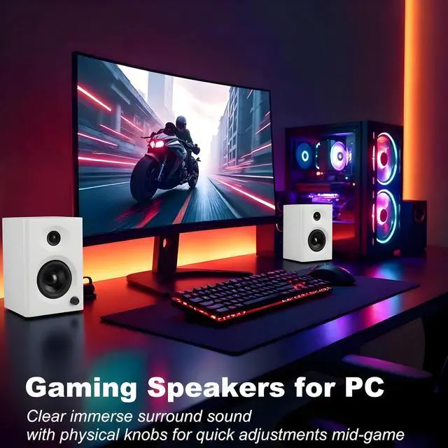 Alt view image 9 of 14 - Computer Speakers for Desktop PC, 60W Bluetooth Surround Sound Speakers with Bass, Compact Powered Bookshelf Speakers for Office, Monitors, Laptop, Gaming, TV, Gifts (White, Pair)