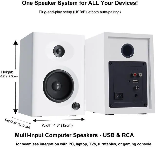 Alt view image 13 of 14 - Computer Speakers for Desktop PC, 60W Bluetooth Surround Sound Speakers with Bass, Compact Powered Bookshelf Speakers for Office, Monitors, Laptop, Gaming, TV, Gifts (White, Pair)