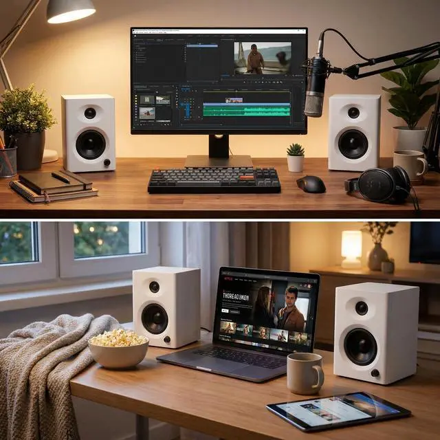 Alt view image 12 of 14 - Computer Speakers for Desktop PC, 60W Bluetooth Surround Sound Speakers with Bass, Compact Powered Bookshelf Speakers for Office, Monitors, Laptop, Gaming, TV, Gifts (White, Pair)