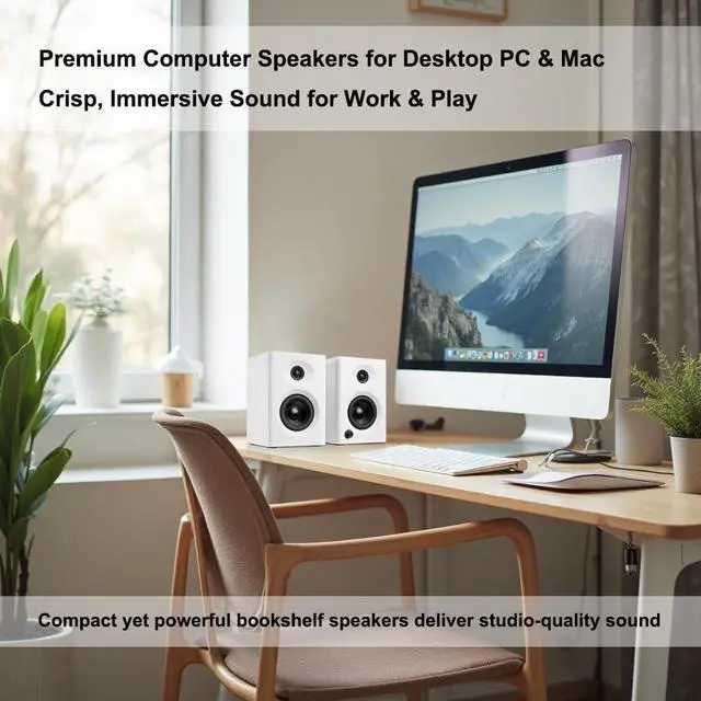 Alt view image 10 of 14 - Computer Speakers for Desktop PC, 60W Bluetooth Surround Sound Speakers with Bass, Compact Powered Bookshelf Speakers for Office, Monitors, Laptop, Gaming, TV, Gifts (White, Pair)