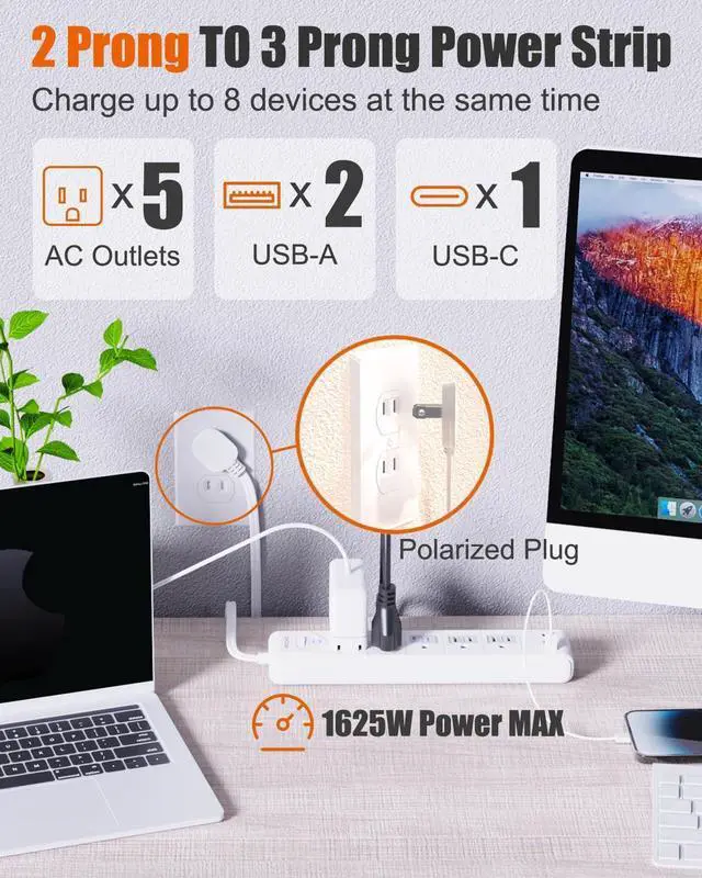 Alt view image 9 of 14 - 2 Prong Power Strip, 2 Prong to 3 Prong Outlet Adapter, 5ft Extension Cord with Polarized Plug, 1680J Surge Protector, 5 AC Outlets & 3 USB, Wall Mountable, Ideal for Non-Grounded Outlets