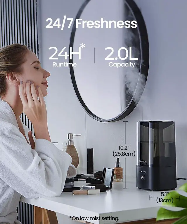Alt view image 10 of 14 - Humidifiers for Bedroom, 2.0L Cool Mist Humidifier for Home Plant and Baby Nursery, Quiet Ultrasonic Humidifier with 360° Nozzle, Auto Shut-Off, Filterless, Black