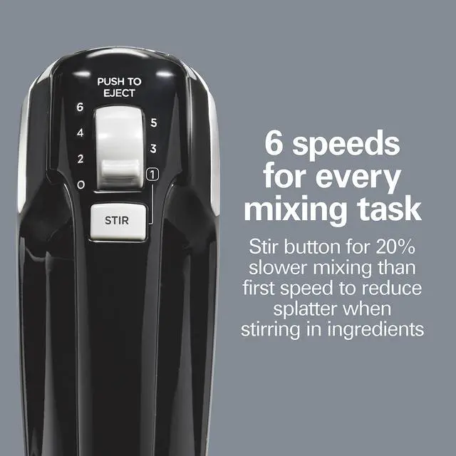 Alt view image 9 of 14 - Electric Hand Mixer, 6 Speeds + Stir Button, 300 Watts of Peak Power for Powerful Mixing, Includes Whisk and Storage Clip, Black (62628)