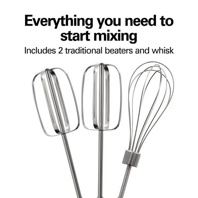 Alt view image 10 of 14 - Electric Hand Mixer, 6 Speeds + Stir Button, 300 Watts of Peak Power for Powerful Mixing, Includes Whisk and Storage Clip, Black (62628)