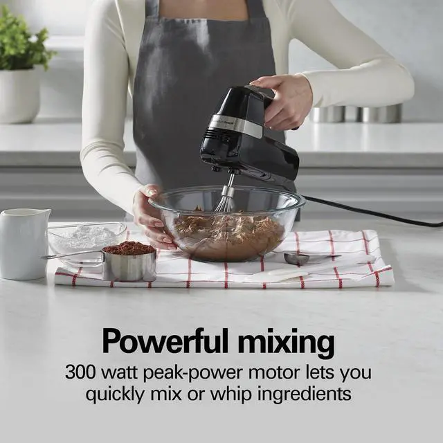 Alt view image 12 of 14 - Electric Hand Mixer, 6 Speeds + Stir Button, 300 Watts of Peak Power for Powerful Mixing, Includes Whisk and Storage Clip, Black (62628)