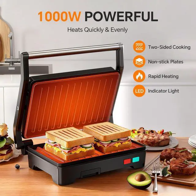 Alt view image 11 of 14 - Panini Press Grill, 1000W Sandwich Maker with Non-Stick Coated Plates, Opens 180 Degrees for Any Size of Food, 3-in-1 Sandwich Press Electric Grill, Stainless Steel Surface and Removable Drip Tray