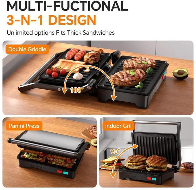 Alt view image 12 of 14 - Panini Press Grill, 1000W Sandwich Maker with Non-Stick Coated Plates, Opens 180 Degrees for Any Size of Food, 3-in-1 Sandwich Press Electric Grill, Stainless Steel Surface and Removable Drip Tray