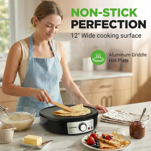 Alt view image 9 of 14 - Electric Crepe Maker & Griddle Cooktop - Nonstick 12 Inch Aluminum Hot Plate with LED Indicator Lights & Adjustable Temperature Control - Wooden Spatula & Batter Spreader Included