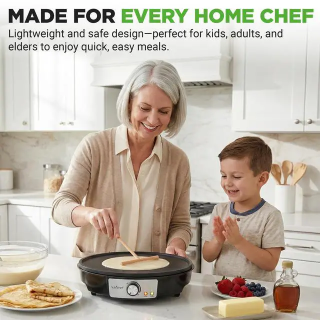 Alt view image 13 of 14 - Electric Crepe Maker & Griddle Cooktop - Nonstick 12 Inch Aluminum Hot Plate with LED Indicator Lights & Adjustable Temperature Control - Wooden Spatula & Batter Spreader Included