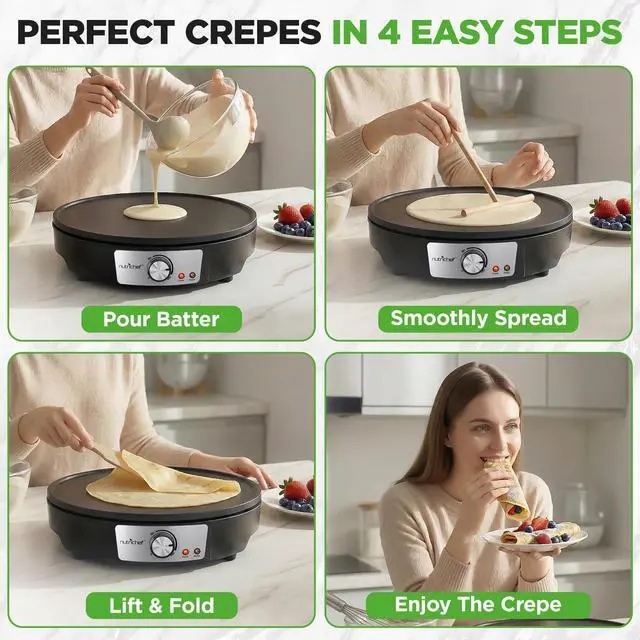 Alt view image 11 of 14 - Electric Crepe Maker & Griddle Cooktop - Nonstick 12 Inch Aluminum Hot Plate with LED Indicator Lights & Adjustable Temperature Control - Wooden Spatula & Batter Spreader Included
