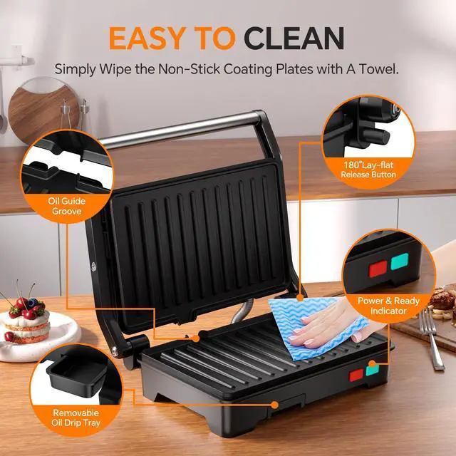 Alt view image 13 of 14 - Panini Press Grill, 1000W Sandwich Maker with Non-Stick Coated Plates, Opens 180 Degrees for Any Size of Food, 3-in-1 Sandwich Press Electric Grill, Stainless Steel Surface and Removable Drip Tray
