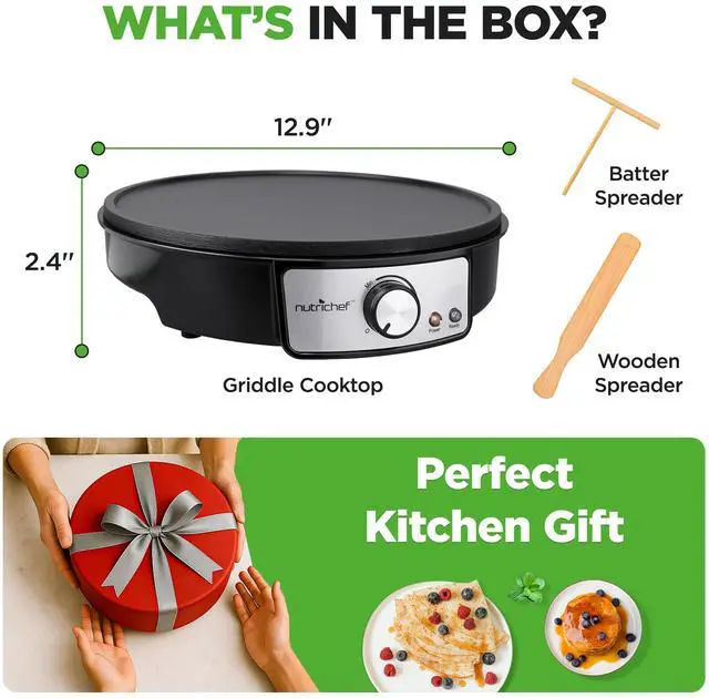 Alt view image 14 of 14 - Electric Crepe Maker & Griddle Cooktop - Nonstick 12 Inch Aluminum Hot Plate with LED Indicator Lights & Adjustable Temperature Control - Wooden Spatula & Batter Spreader Included