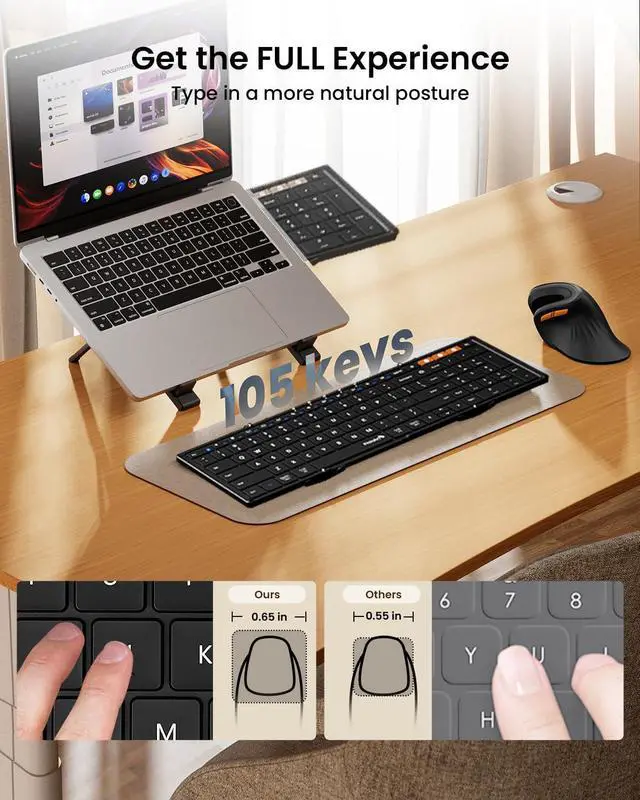 Alt view image 10 of 14 - Foldable Bluetooth Keyboard, XK01 Full-Size Portable Wireless Keyboard for Travel, 105 Keys, 0.65" Keycaps, Multi-Device Sync for iPad Tablet Smartphone Laptop PC Windows iOS Android, Black