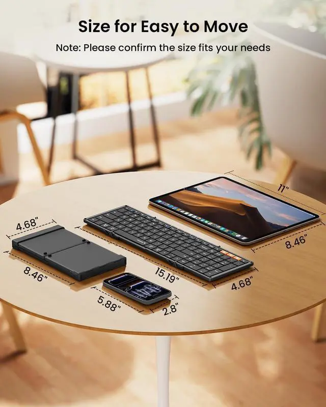 Alt view image 11 of 14 - Foldable Bluetooth Keyboard, XK01 Full-Size Portable Wireless Keyboard for Travel, 105 Keys, 0.65" Keycaps, Multi-Device Sync for iPad Tablet Smartphone Laptop PC Windows iOS Android, Black