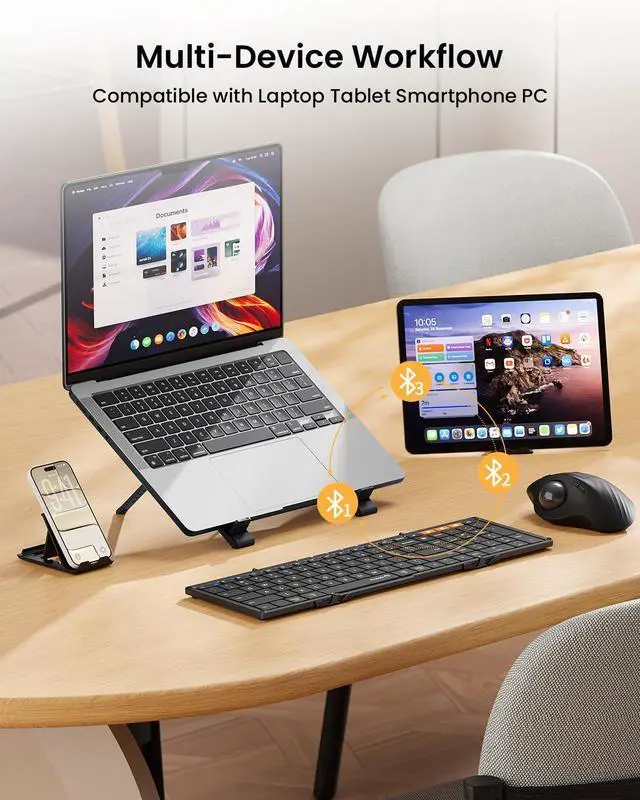 Alt view image 12 of 14 - Foldable Bluetooth Keyboard, XK01 Full-Size Portable Wireless Keyboard for Travel, 105 Keys, 0.65" Keycaps, Multi-Device Sync for iPad Tablet Smartphone Laptop PC Windows iOS Android, Black