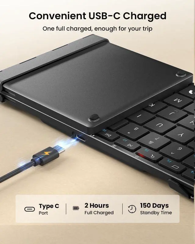 Alt view image 13 of 14 - Foldable Bluetooth Keyboard, XK01 Full-Size Portable Wireless Keyboard for Travel, 105 Keys, 0.65" Keycaps, Multi-Device Sync for iPad Tablet Smartphone Laptop PC Windows iOS Android, Black