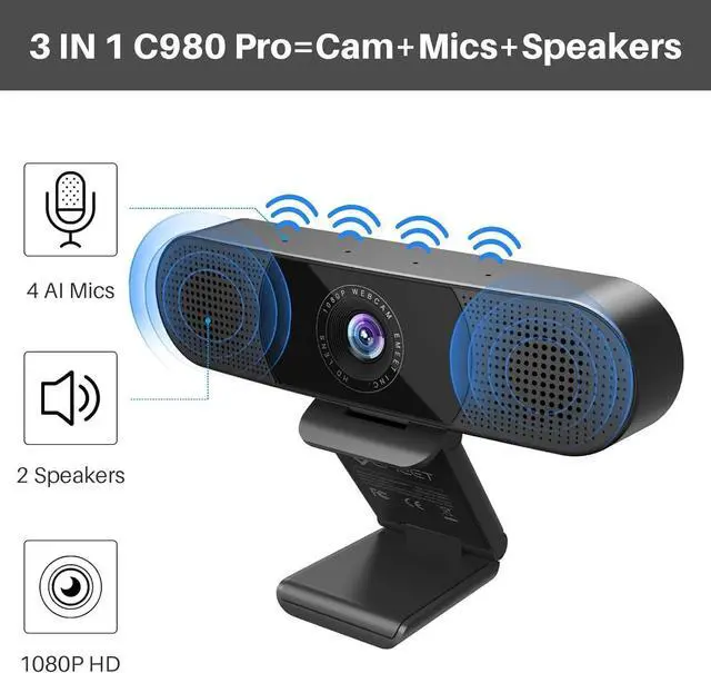 Alt view image 9 of 14 - C980 PRO 3-in-1 1080P Webcam with Microphone and Speaker, 60°-98° Wide Angle Webcam w/ 4 Noise Cancel Mics, 2 Speakers, Auto Low Light Correction W/Cover, USB Camera for Online Conference/Class