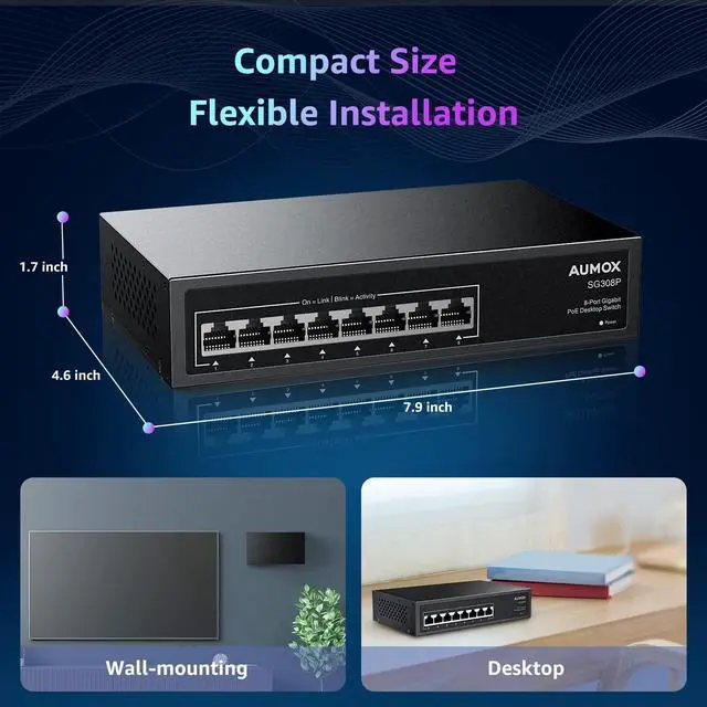 Alt view image 14 of 14 - 8 Port Gigabit PoE Switch, 8 Port PoE 120W, Gigabit Ethernet Unmanaged Network Switch, Plug and Play, Sturdy Metal Housing, Traffic Optimization
