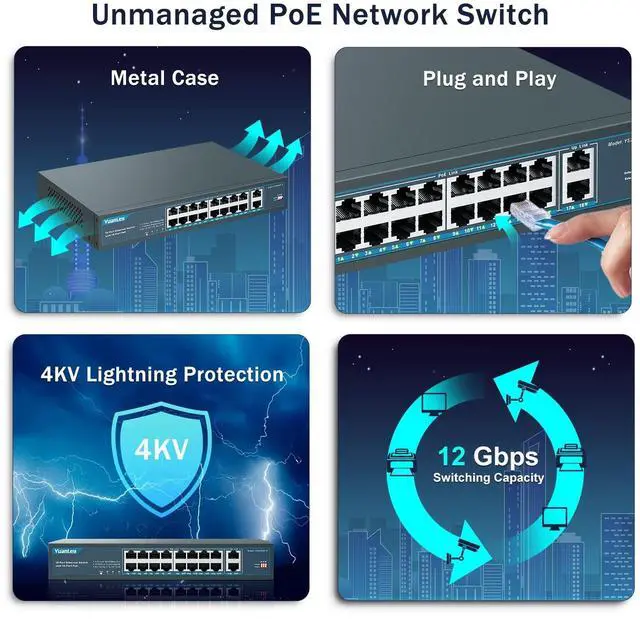 Alt view image 12 of 14 - 16 Port PoE Switch with 2 Gigabit Uplink, 16 PoE+ Port 10/100Mbps Network Switch, 802.3af/at Compliant, Durable Metal with 250W High Power, Unmanaged Plug and Play