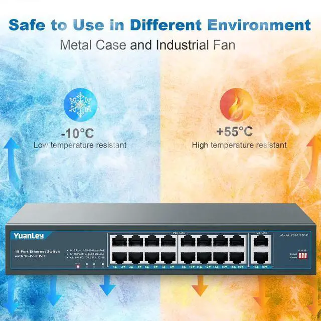 Alt view image 14 of 14 - 16 Port PoE Switch with 2 Gigabit Uplink, 16 PoE+ Port 10/100Mbps Network Switch, 802.3af/at Compliant, Durable Metal with 250W High Power, Unmanaged Plug and Play