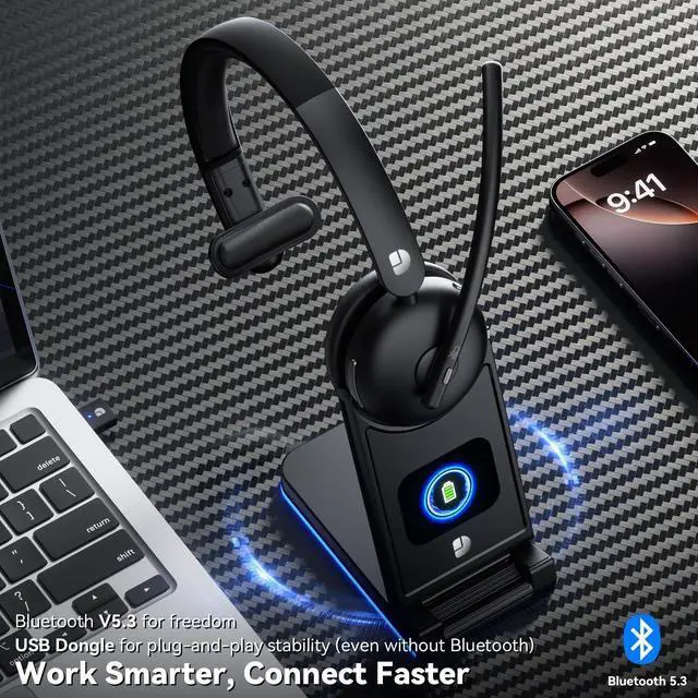 Alt view image 10 of 14 - Wireless Headset with Mic for Work, Bluetooth Headset with Microphone(Noise Cancelling & Mute Button), 65H Battery & Fast Charge Smart Mult-Func Dock Headset with Microphone for PC/Laptop/Call Center