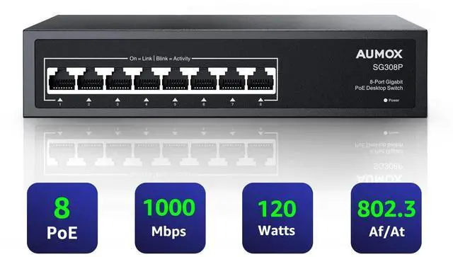 Alt view image 8 of 14 - 8 Port Gigabit PoE Switch, 8 Port PoE 120W, Gigabit Ethernet Unmanaged Network Switch, Plug and Play, Sturdy Metal Housing, Traffic Optimization