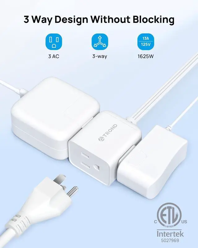 Alt view image 9 of 14 - Flat Extension Cord 6 Feet - Right Angled Flat Plug Power Strip, ETL Listed, 3 Plug Extension Outlets, Three Prong, SPT 16/3 Gauge, 13A, Small for Indoor Home Office Cruise Ship Travel, White