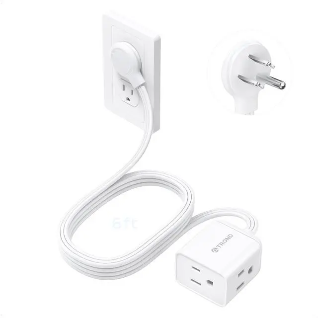 Alt view image 8 of 14 - Flat Extension Cord 6 Feet - Right Angled Flat Plug Power Strip, ETL Listed, 3 Plug Extension Outlets, Three Prong, SPT 16/3 Gauge, 13A, Small for Indoor Home Office Cruise Ship Travel, White