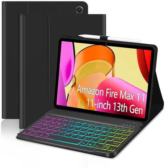 Alt view image 8 of 14 - Case with Keyboard for Amazon Fire Max 11 inch (13th Generation, 2023 Release),7 Color Rainbow Backlit Detachable Type-C Charging Keyboard Magnetic Case Pen Holder 13th Gen-Black with Black