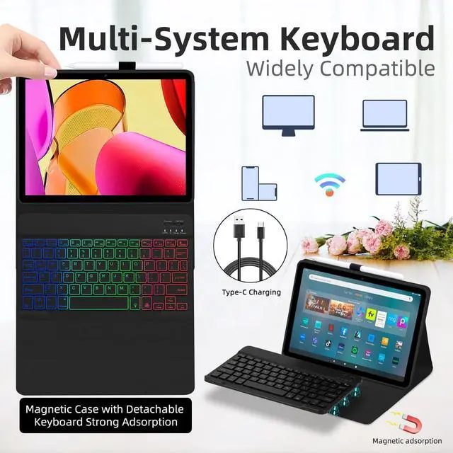 Alt view image 12 of 14 - Case with Keyboard for Amazon Fire Max 11 inch (13th Generation, 2023 Release),7 Color Rainbow Backlit Detachable Type-C Charging Keyboard Magnetic Case Pen Holder 13th Gen-Black with Black