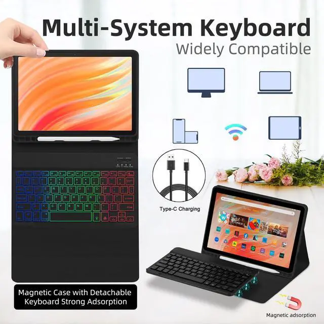 Alt view image 13 of 14 - Case with Keyboard Mouse for Amazon Kindle Fire HD 10&10 Plus 11/13th Gen 10.1 inch,7 Color Rainbow Backlit Detachable Keyboard Magnetic Cover with Pen Slot for HD 10 2021&2023 Black